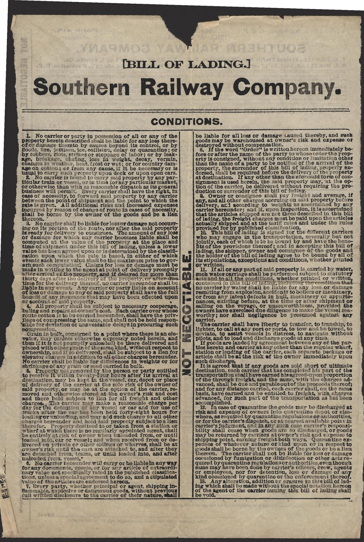 Historic bill of lading shipping document showing consignment details